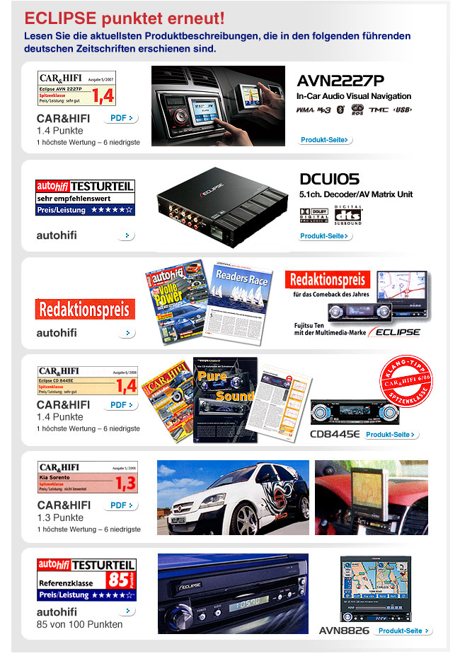 ECLIPSE punktet erneut! Lesen Sie die aktuellsten Produktbeschreibungen, die in den folgenden f&uuml;hrenden deutschen Zeitschriften erschienen sind.