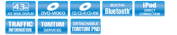 4.3inch WIDE DISPLAY DVD-VIDEO CD/CD-R/CD-RW TRAFFIC INFORMATION READY BUILT-IN Bluetooth iPod DIRECT CONNECTION TOMTOM WEB SERVICE DETACHABLE TOMTOM PND 